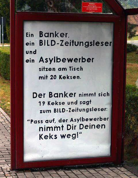 Plakatspruch Banker, BILD-Zeitungsleser und Asylbewerber
